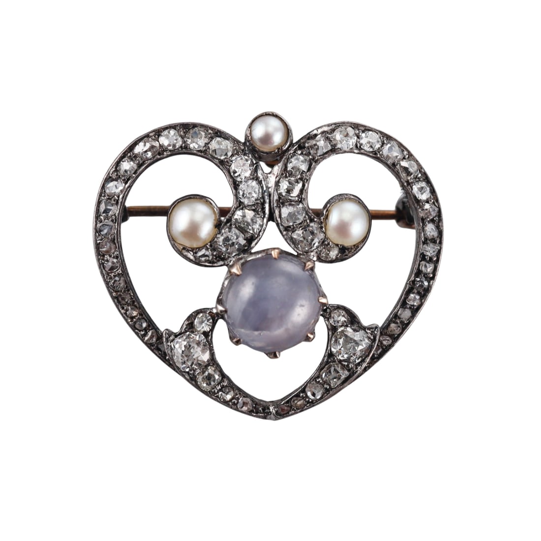 Antique 14k Gold Silver Star Sapphire Diamond Pearl Heart Brooch Pendant: Metal : 14k Gold and Silver Designer : Not Signed Gemstone : Star sapphire approx. 5.5ct. Diamonds approx. 1.00ctw. Pearls Measurements : Brooch is 34mm x 28mm Marked: : Tested - 14k ,