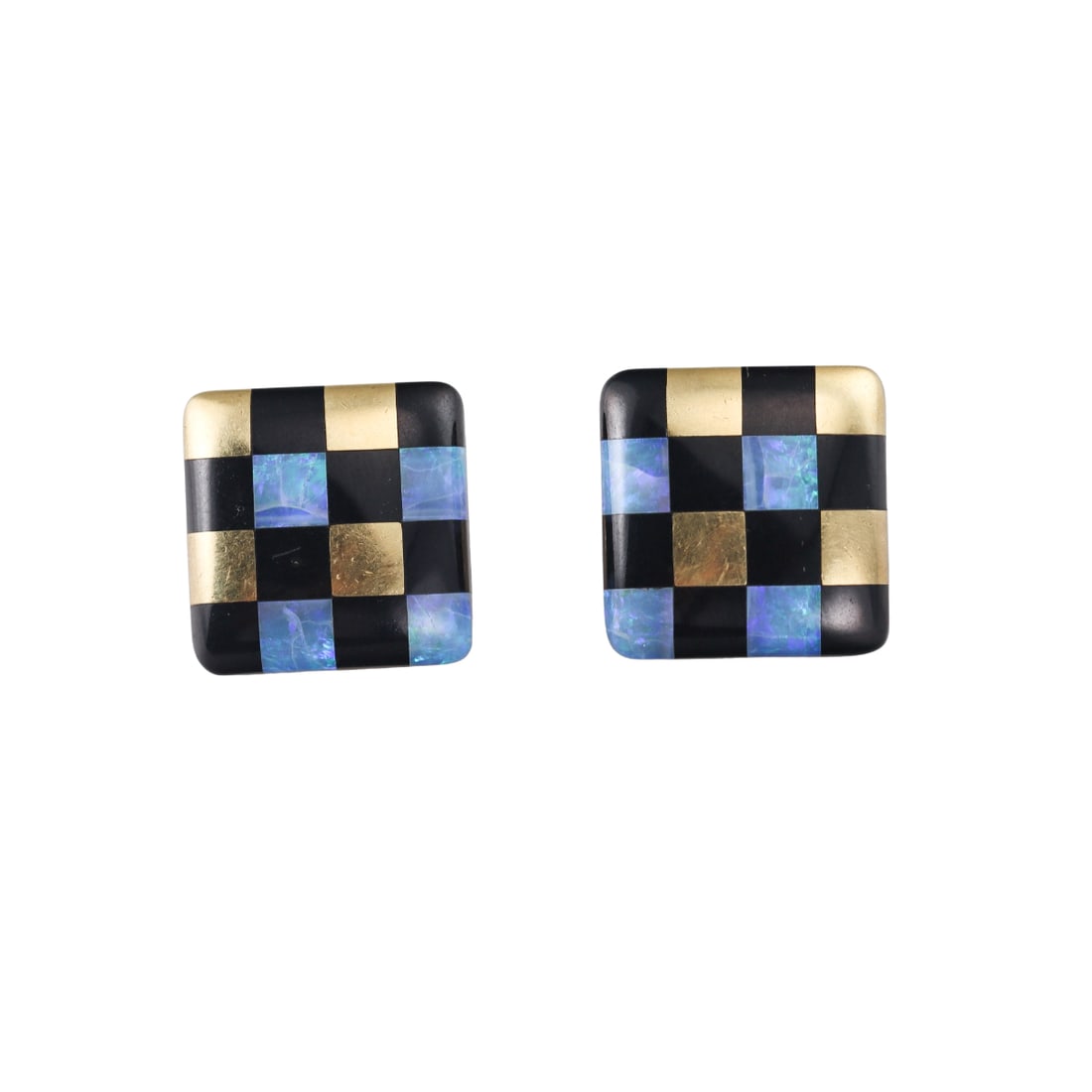 Tiffany & Co 18k Gold Opal Black Jade Inlay Checkerboard Earrings: Metal : 18k Yellow Gold Designer : Tiffany & Co Gemstone : Black jade, opal inlay Measurements : Earrings are 20 x 20mm. Marked: : T & Co, 1982, 18kt. Weight: : 18.1 gram