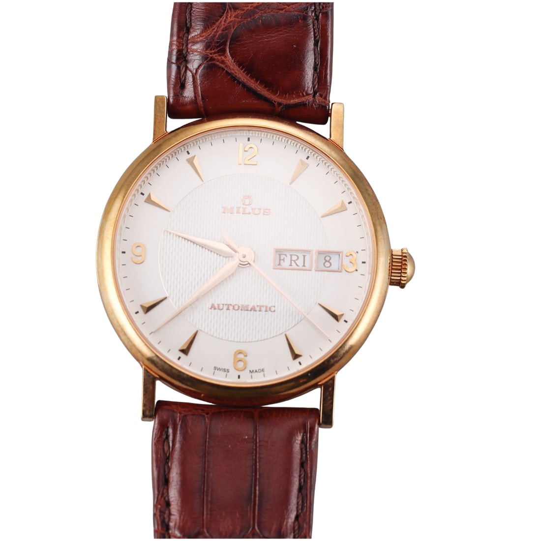 Milus Xephios XEP002 Gold Tone Steel Day Date Automatic Watch: Metal : Gold Tone Stainless Steel Designer : Milus Movement : Automatic - working order. Measurements : Case 36mm, original band and buckle. Reference/Model: : Xephios XEP002.
