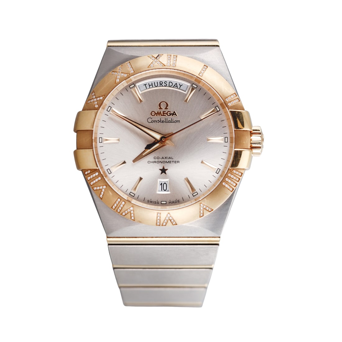 Omega Constellation Day Date Diamond Automatic Watch 123.25.38.22.02.002: Metal : 18k Gold/ Stainless Steel Designer : Omega Movement : Automatic Si14 Co-Axial 8602 - working order. Measurements : Case 38mm, bracelet will fit approx. 7" wrist. Reference/Model: