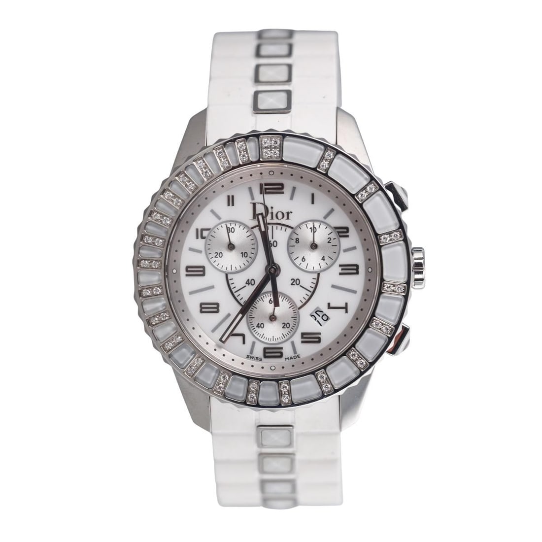 Dior Christal White Steel Diamond Chronograph Watch CD114311-V: Metal : Stainless Steel Designer : Christian Dior Movement : Quartz - working order. Measurements : Case 39mm, white rubber full size bracelet. Reference/Model: : Christal CD114311-V.