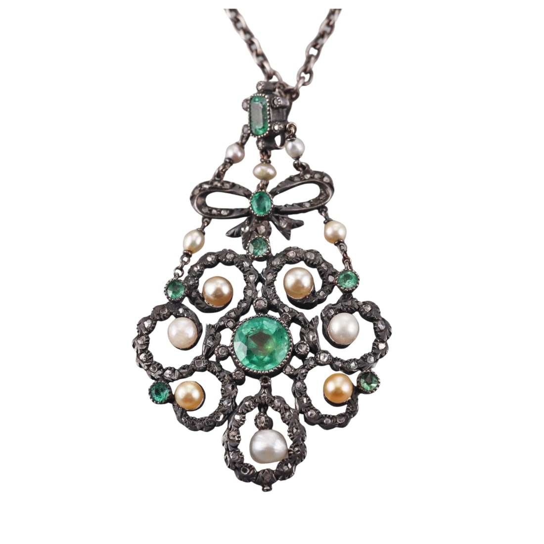 Antique Georgian Silver Pearl Emerald Diamond Pendant Necklace: Metal : Silver Designer : Not Signed Gemstone : Emerald, Pearl, Rose cut diamonds. Measurements : Necklace is 22" long, pendant is 62mm x 38mm. Marked: : n/a Weight: : 23