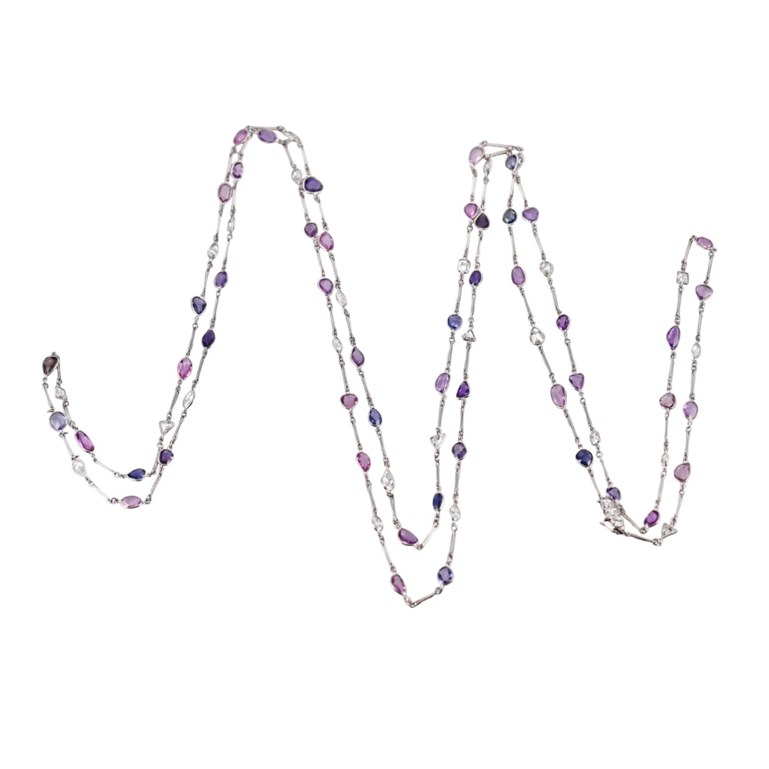 Platinum 37.90ctw Sapphire 11.70ctw Diamond Long Necklace: Metal : Platinum Designer : Not Signed Gemstone : Diamonds approx. 11.70ctw, Pink and purple sapphires 37.90ctw. Measurements : Necklace is 78" long. Marked: : Tested plat.