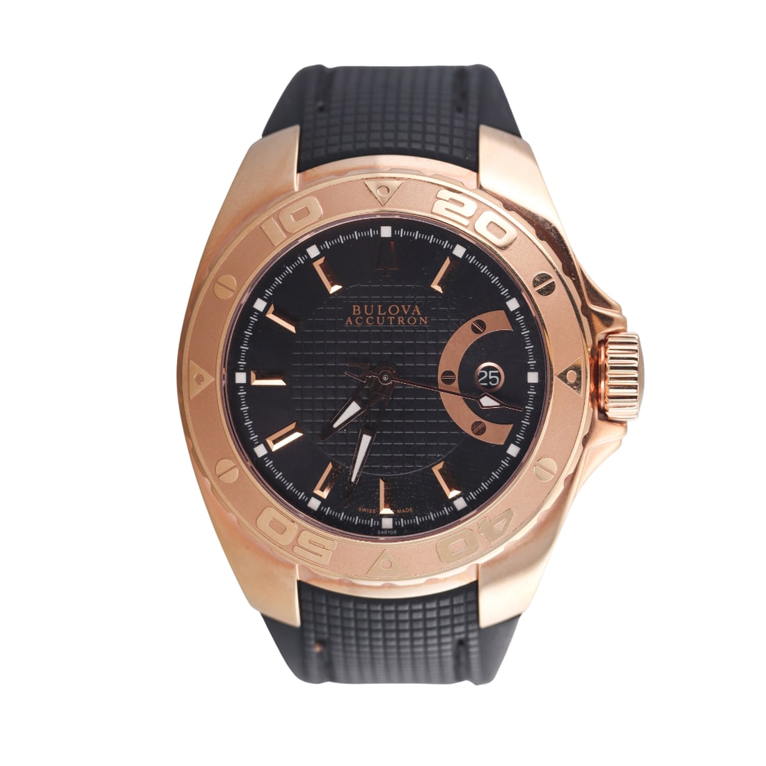 Bulova Accutron Rose Gold Steel Automatic Watch C952505: Metal : 18k Rose Gold / Stainless Steel Designer : Bulova Movement : Automatic - working order. Measurements : Case 42mm, full size black rubber band. Reference/Model: : Accutron C952505.