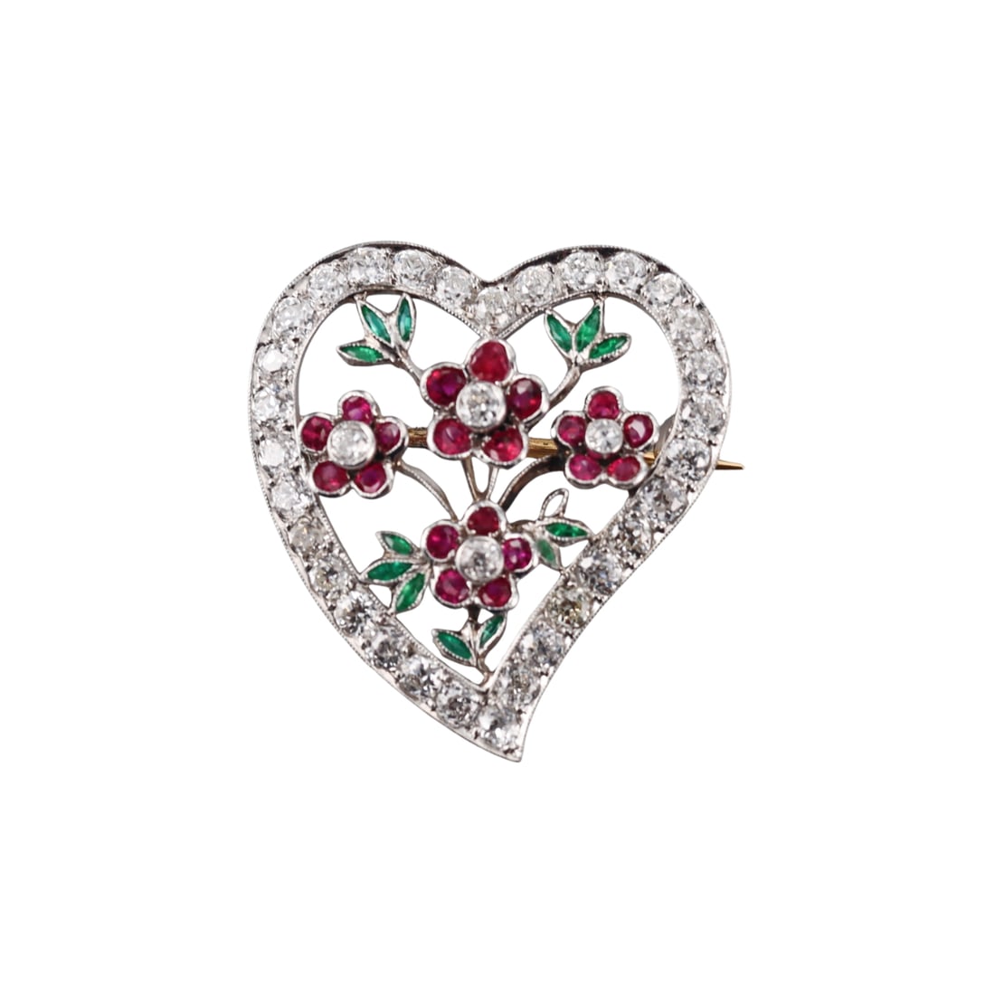 Platinum Diamond Ruby Emerald Heart Brooch Pin (1 of 3)
