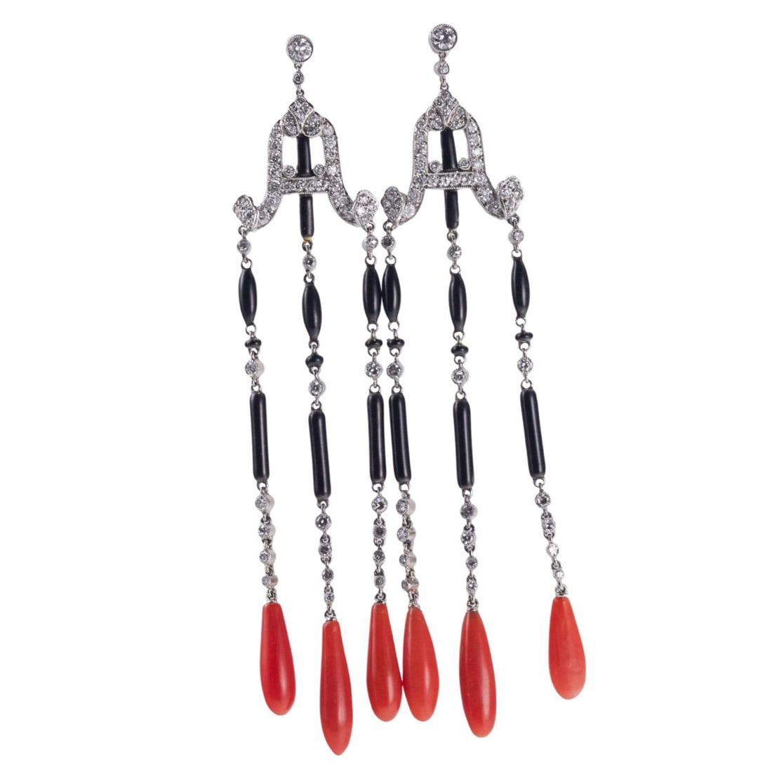 Platinum Diamond Coral Onyx Drop Earrings: Metal : Platinum Designer : Not Signed Gemstone : Diamonds approx. 1.50ctw, Coral, Onyx. Measurements : Earrings are 88mm x 19mm. Marked: : Mecan Pt950, AL Hallmarks PA - on backs/Teste