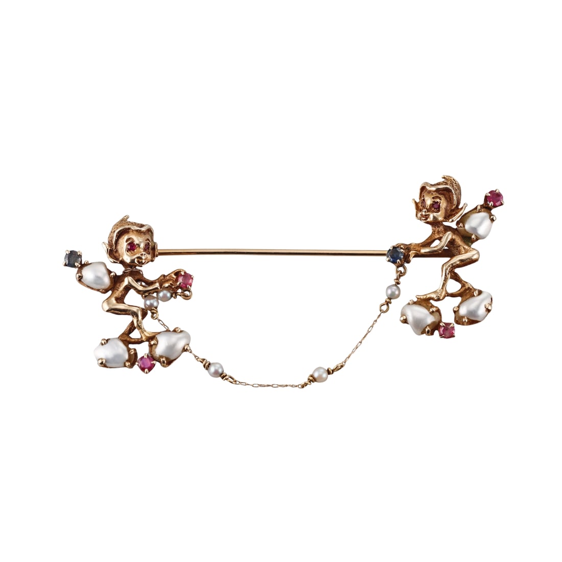 Retro 14k Gold Pearl Sapphire Gnome Cherub Jabot Brooch Pin (1 of 3)