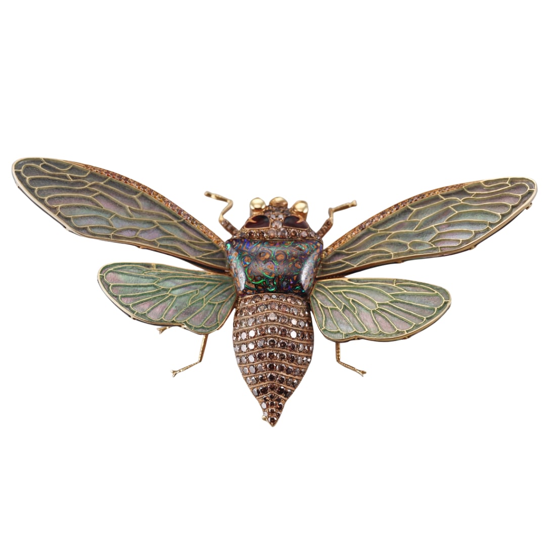 Cicada Jewelry 18k Gold Brown Diamond Koroit Boulder Opal Plique a Jour MOP Brooch (1 of 6)