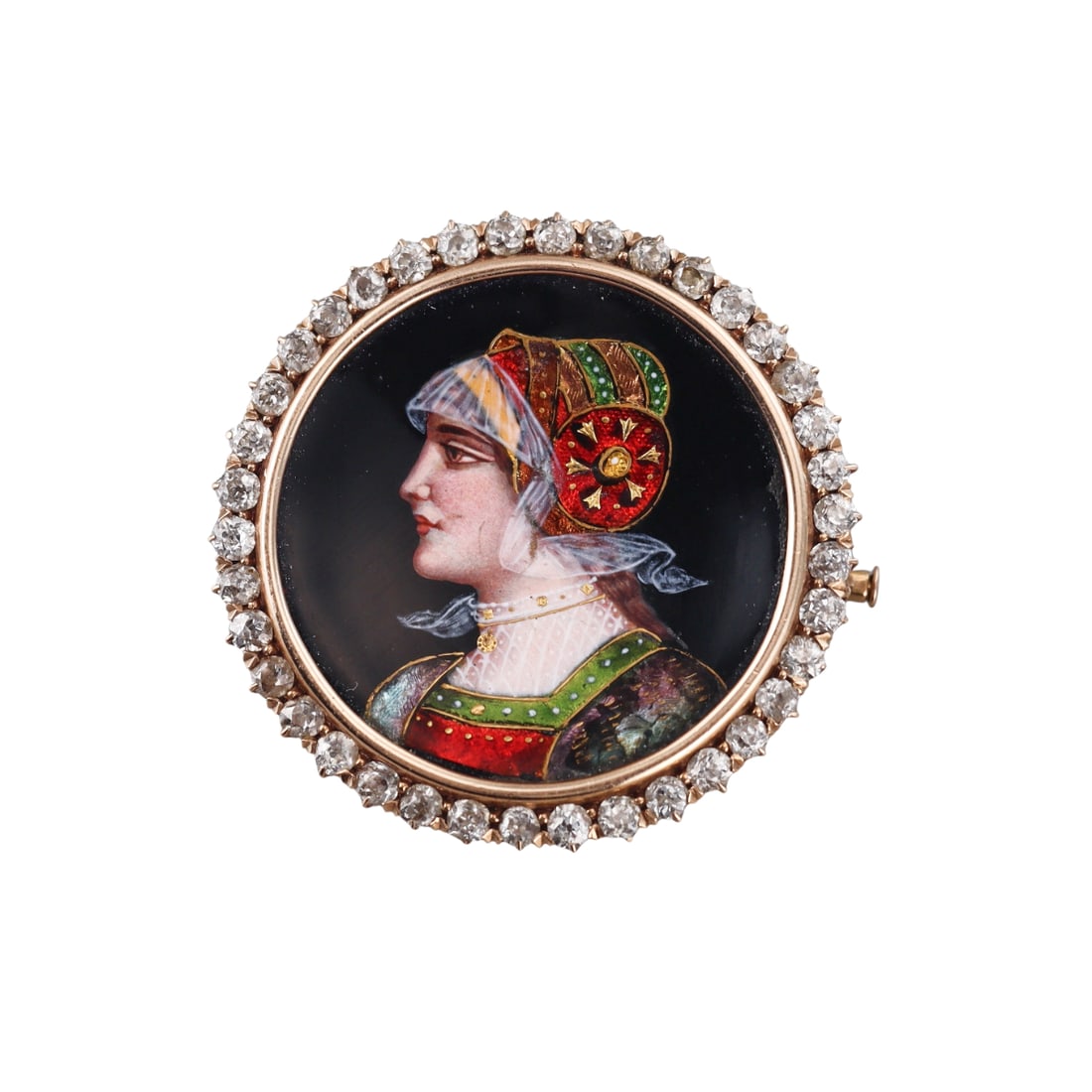 Antique 14k Gold Diamond Enamel Miniature Portrait Brooch Pendant: Metal : 14k Gold Designer : Not Signed Gemstone : Diamonds approx. 1.15ctw Measurements : Brooch is 33mm in diameter Marked: : Engraved " to Maude from Lindsay Anniversary 2nd