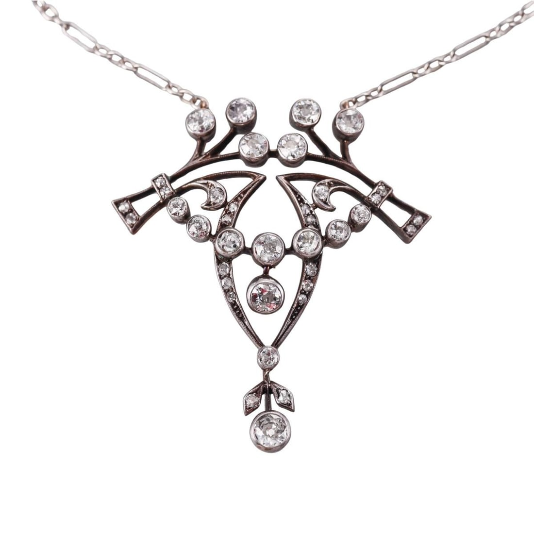 Antique Edwardian Gold Platinum 2.50ctw Diamond Lavalier Pendant Necklace: Metal : Platinum / 14k Gold Designer : Not Signed Gemstone : Diamonds approx. 2.50ctw, old mine cut. Measurements : Necklace is 16.5" long, pendant is 49mm x 44mm. Marked: : Tested plat