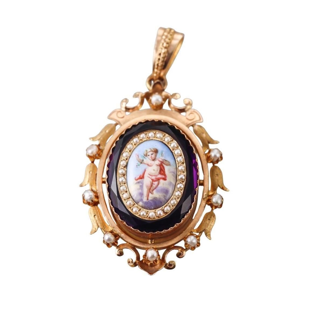 Antique 18k Gold Miniature Painting Pearl Locket Pendant: Metal : 18k Yellow Gold Designer : Not Signed Gemstone : Pearls, Amethyst. Measurements : Pendant is 56mm with bale x 32mm. Marked: : Tested 18k. Weight: : 16.8 grams