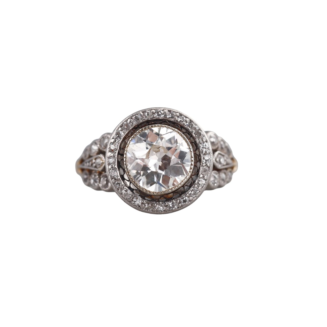 Antique 1.75ct Old European Diamond 14k Gold Platinum Engagement Ring: Metal : 14k Gold / Platinum Designer : Not Signed Gemstone : Center OEC diamond approx. 1.75ct, with open culet. Measurements : Ring size 6.75, top is 12.8mm. Marked: : Tested 14k/pla