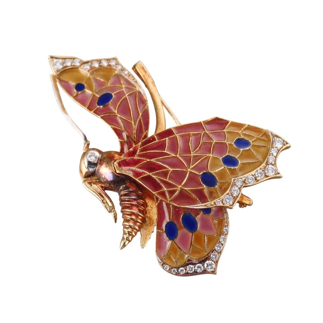 18k Gold Plique a Jour Diamond Butterfly Brooch Pin (1 of 6)