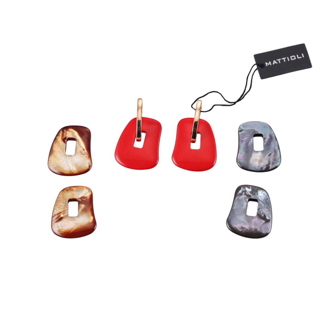 Mattioli Puzzle 18k Gold MOP Interchangeable Earrings: Metal : 18k Rose Gold Designer : Mattioli Gemstone : MOP, Coral Measurements : Earrings are 44mm long, large model. Interchangeable/removable drops. Marked: : Mattioli, 750, Italian ma