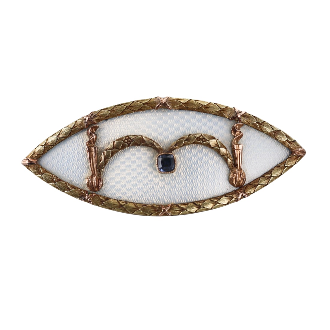 Carl Faberge Antique Russian Guilloche Enamel 14k Gold Sapphire Brooch: Metal : 14k Gold Designer : Carl Faberge Gemstone : Sapphire Measurements : Brooch is 50mm x 22mm. Marked: : KF hallmark in cyrillic, 56, Russian mark. Weight: : 16.8 gr