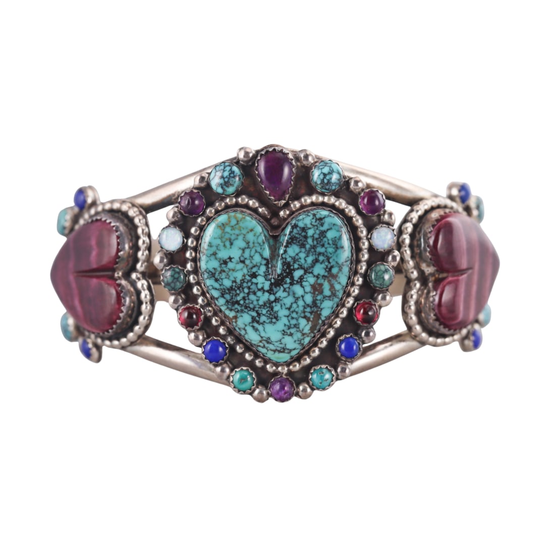 Native American Lyndon Tsosie Silver Turquoise Sugilite Heart Bracelet (1 of 5)
