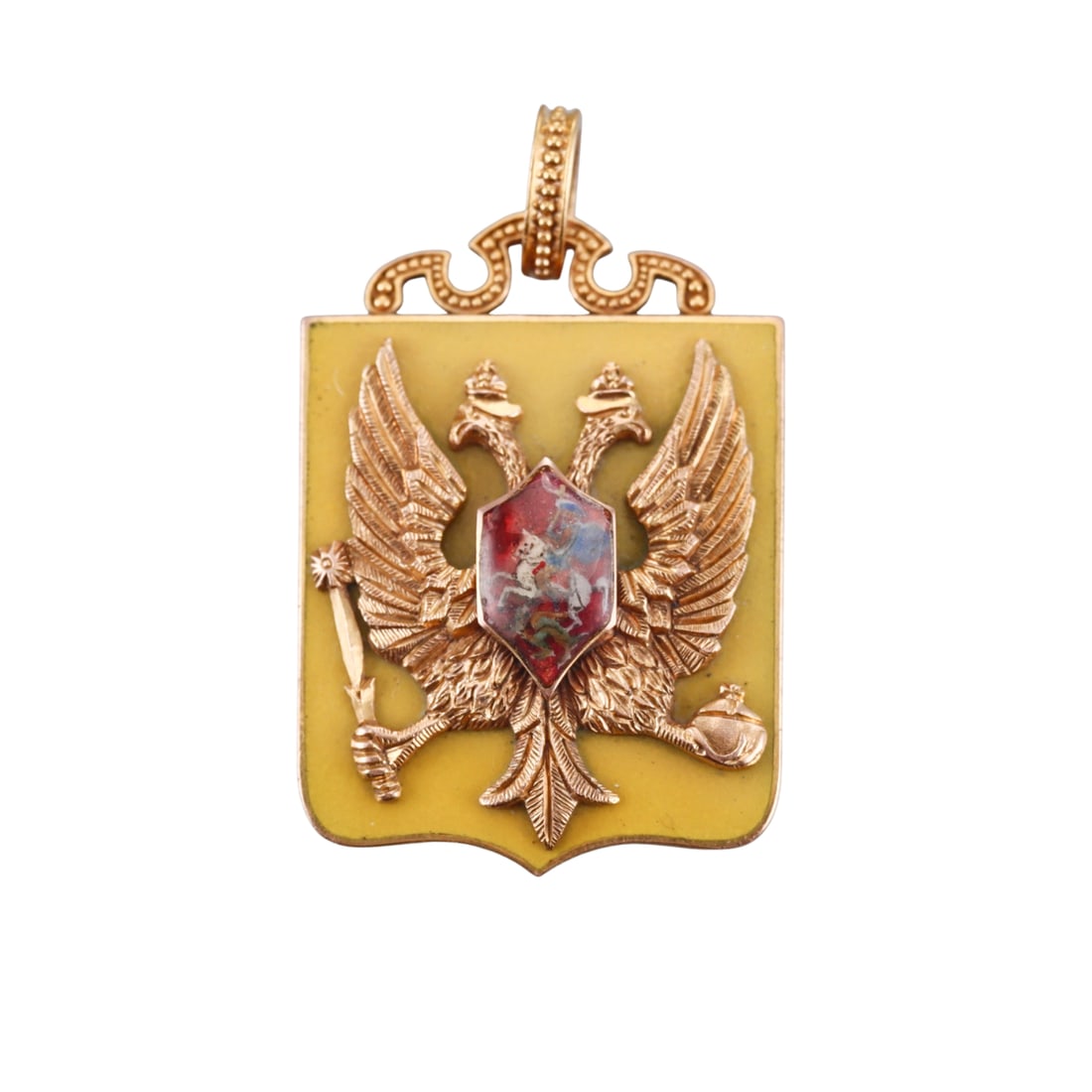 Faberge Antique Imperial Russian 14k Gold Enamel Commemorative Jeton Pendant: Metal : 14k Gold Designer : Faberge Gemstone : None Measurements : Jeton is 31mm x 23mm. Marked: : AT on the bale. Weight: : 13.3 grams Condition: : Excelle