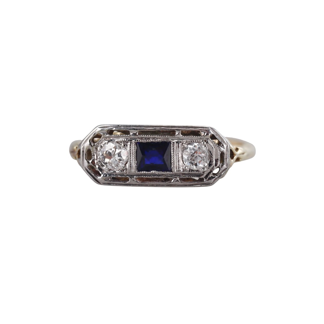 Art Deco Filigree 18k Gold Diamond Sapphire Ring (1 of 4)