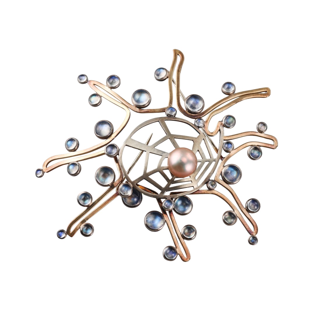 Taffin Modernist 1970s 18k Gold Moonstone Pearl Brooch Pin: Metal : 18k White Yellow Gold Designer : Taffin Gemstone : Moonstone, Pearl. Measurements : Brooch is 3.25" x 2.75". Marked: : Taffin, TF4766. Weight: : 24 grams