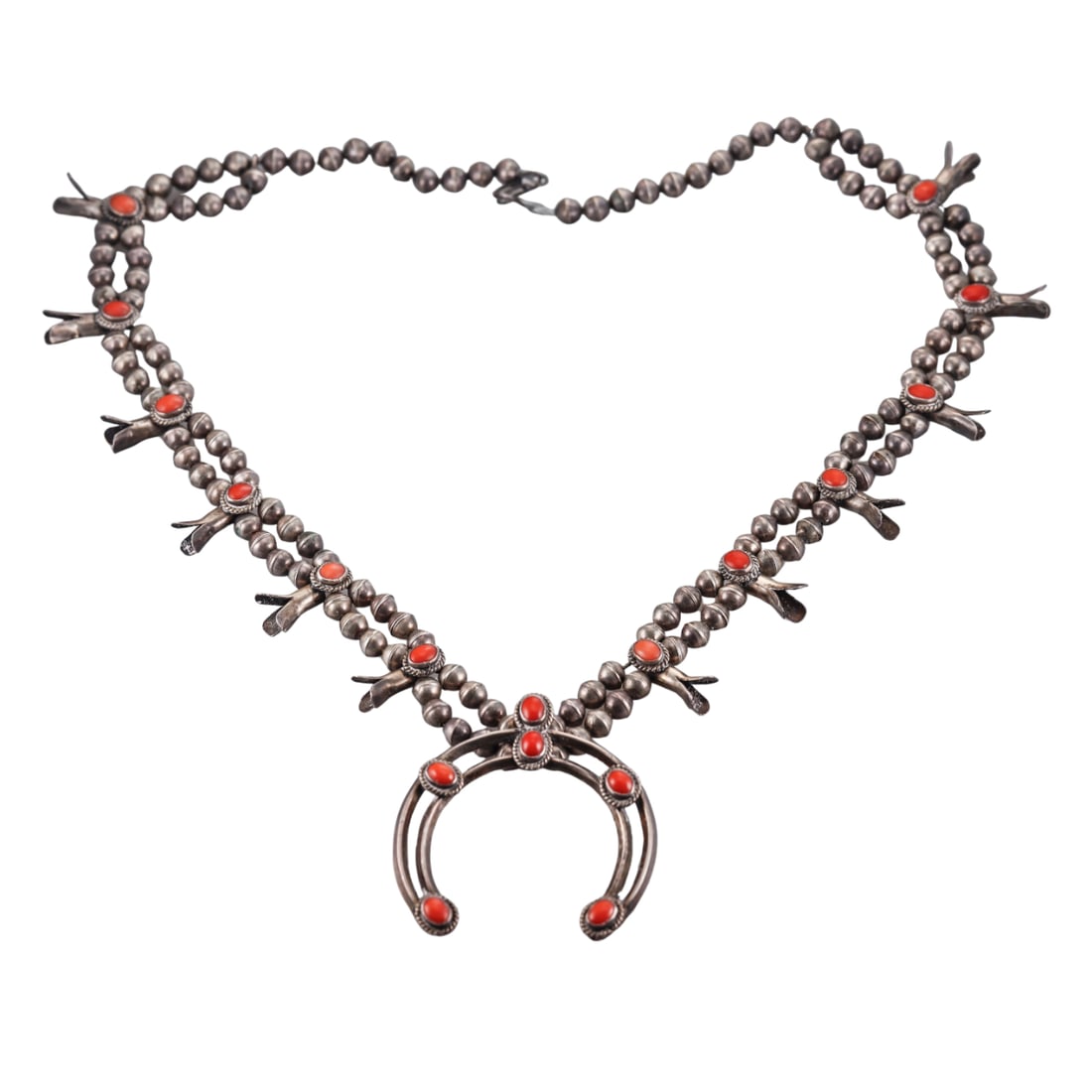 Native American Sterling Silver Coral Squash Blossom Necklace (1 of 6)