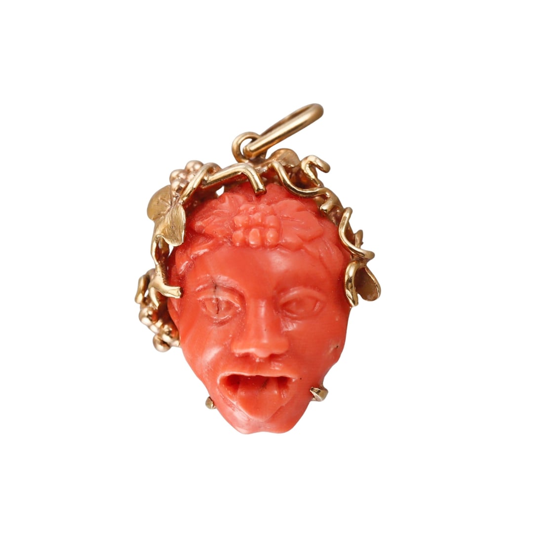 Spritzer & Fuhrmann Vintage Coral 18k Gold God of Wine Bacchus Pendant: Metal : 18k Yellow Gold Designer : Spritzer & Fuhrmann Gemstone : Coral Measurements : Pendant is 32mm x 25mm. Marked: : S&F, k18, 750. Weight: : 18 grams Condit