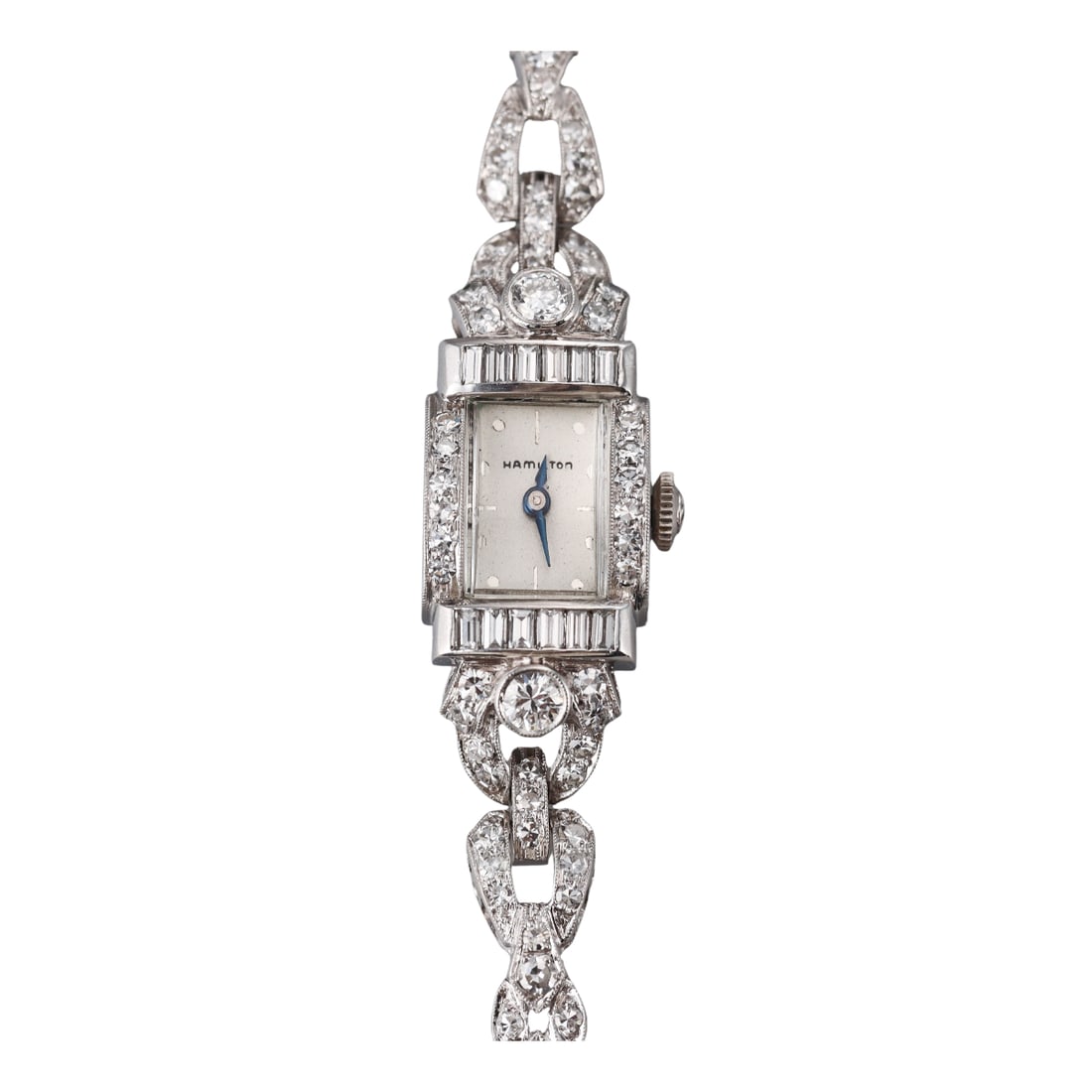 Hamilton Mid Century Platinum Diamond Ladies Watch: Metal : Platinum Designer : Hamilton Movement : Hamilton 116, 17 Jewels, USA, T68 5336 - manual wind , working order. Measurements : Case 14.5 x 21mm. Bracelet is 6.25" long. Reference/Model: