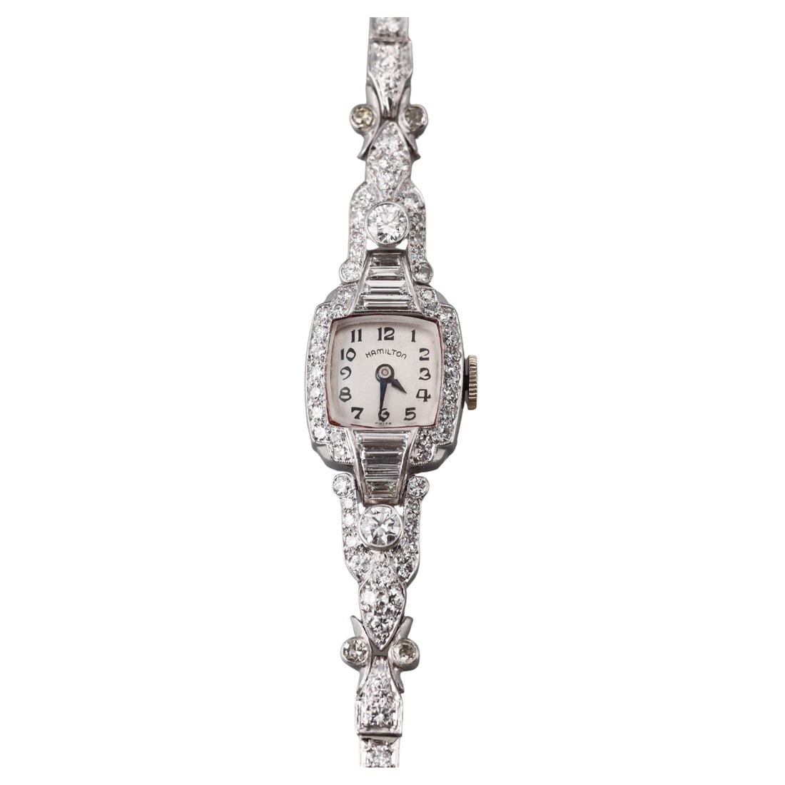 Hamilton Mid Century Platinum Diamond Ladies Watch: Metal : Platinum Case / 14k Gold Bracelet Designer : Hamilton Movement : Hamilton 911, V16 573, 17 jewels - manual wind, working order. Measurements : Case 14 x 17mm. Bracelet is 6 3/8" long.