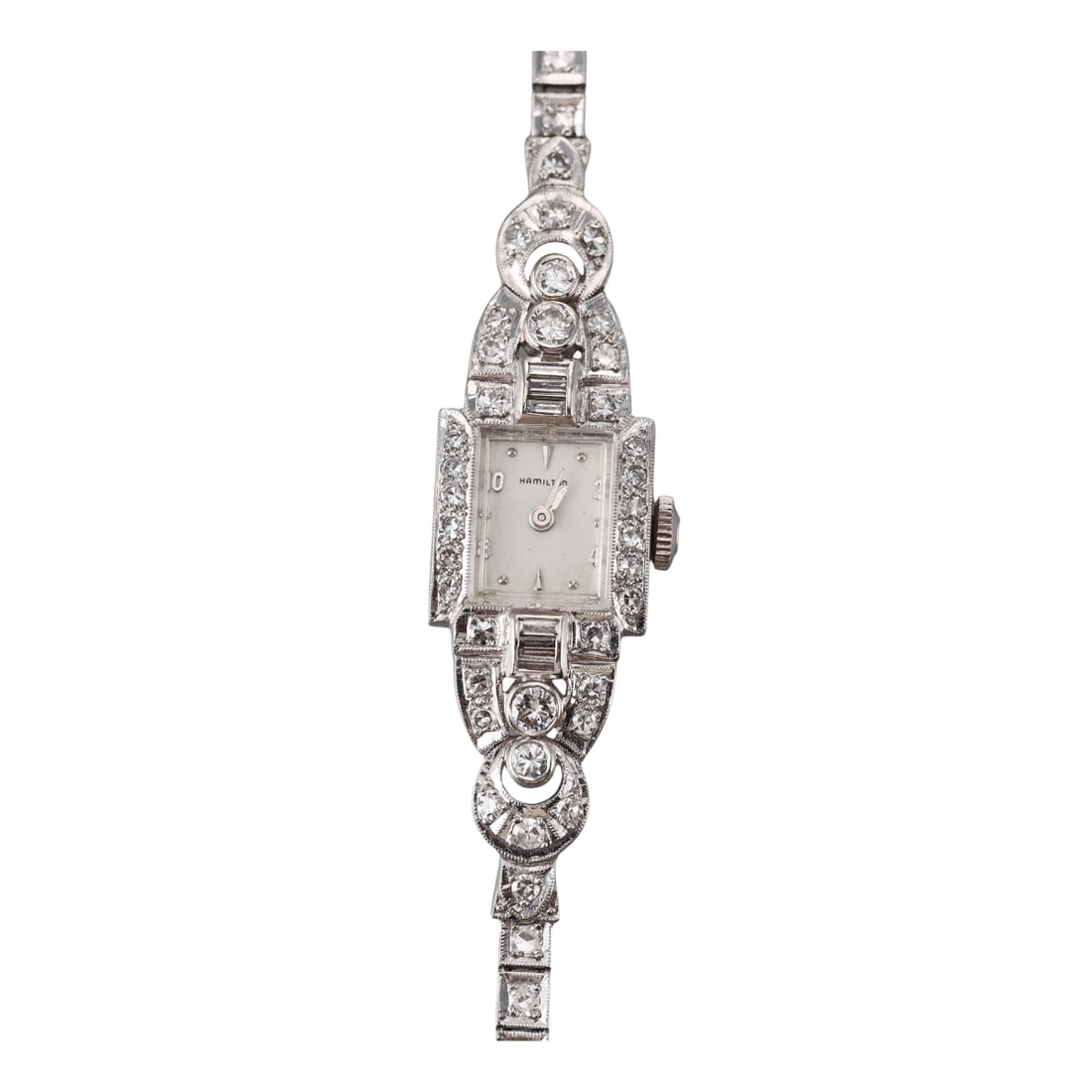 Hamilton Mid Century Platinum Gold Diamond Ladies Watch: Metal : Platinum Case / 14k Gold Bracelet Designer : Hamilton Movement : Hamilton, 757 USA, 22 jewels - working order, manual wind. Measurements : Case 14.5 x 18mm. Bracelet is 6 7/8" long.