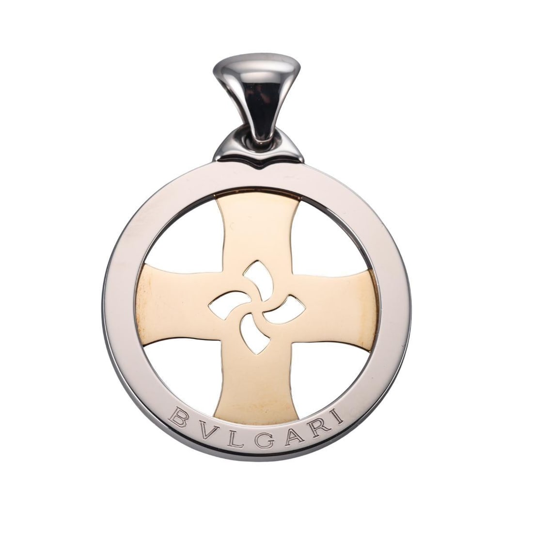 Bvlgari Bulgari Tondo 18k Gold Steel Cross Pendant: Metal : 18k Yellow Gold / Stainless Steel Designer : Bvlgari Gemstone : None Measurements : Pendant is 43mm in diameter. Marked: : M, 2337Al, 750, Bvlgari. Weight: : 24.9