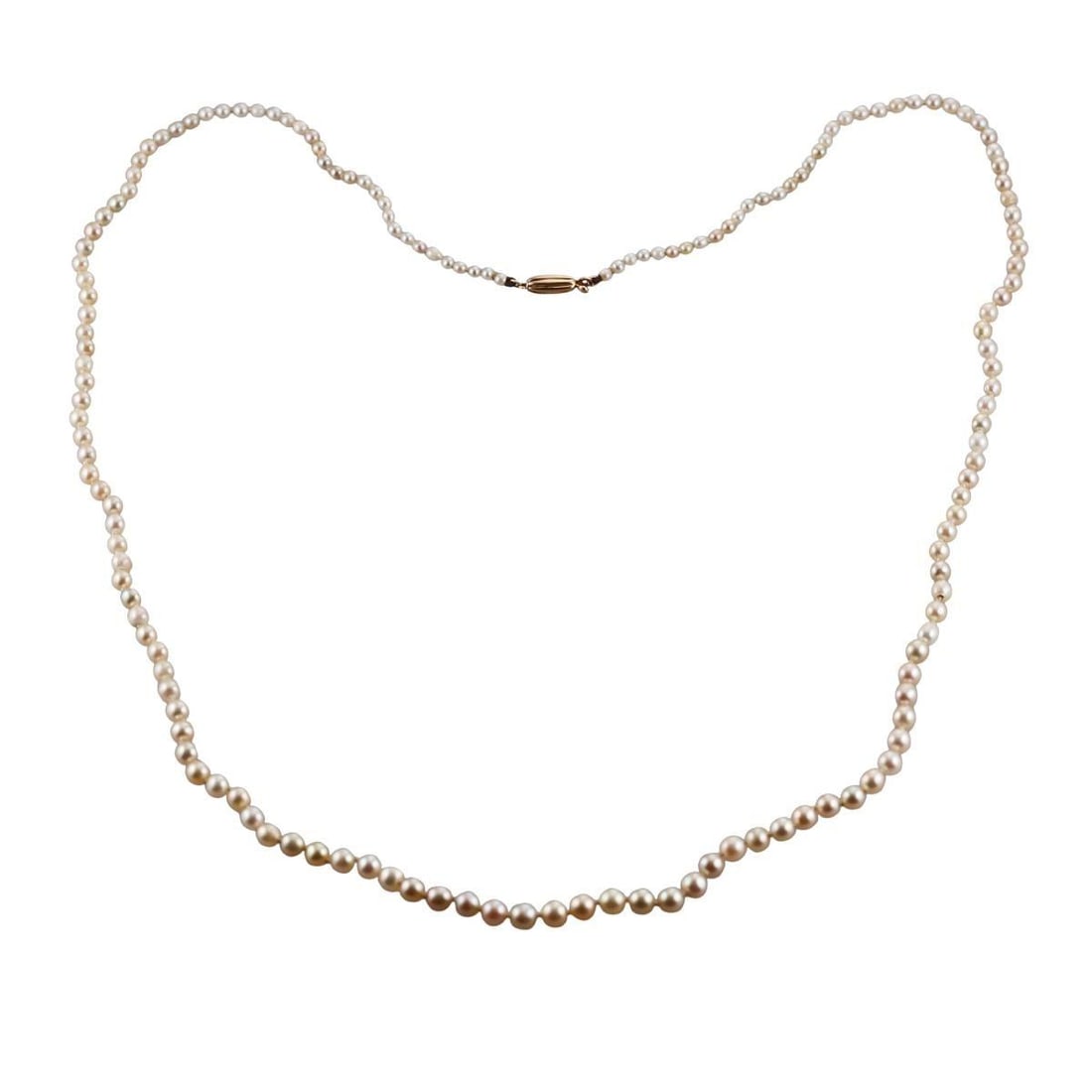 GIA Natural Pearl Antique 14k Gold Necklace: Metal : 14k Gold Designer : Not Signed Gemstone : GIA natural pearls - ranging from 2.33mm to 4.73mm. Measurements : Necklace is 25" long. Marked: : 14k on clasp. Weight: