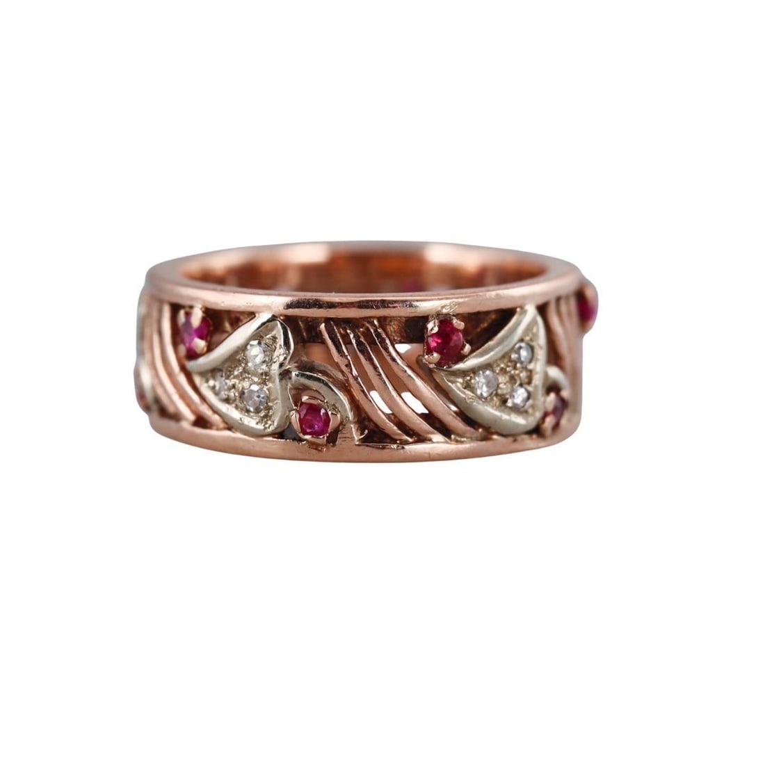 Retro 14k Rose Gold Diamond Ruby Band Ring (1 of 3)
