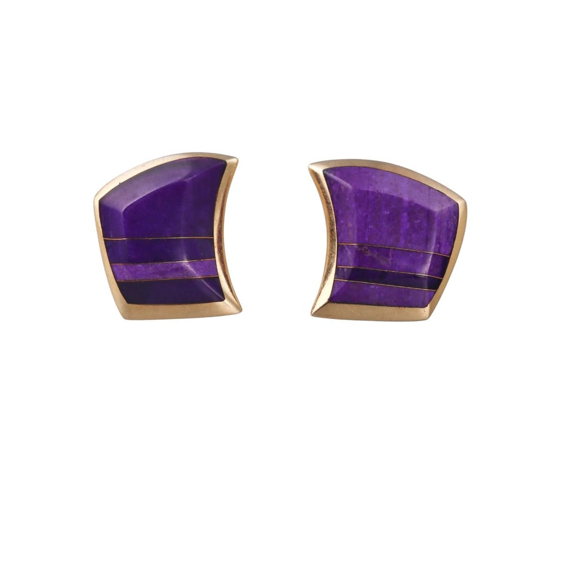 Native American 14k Gold Sugilite Earrings: Metal : 14k Yellow Gold Designer : Unknown - signed "K.Malo"? Gemstone : Sugilite Measurements : Earrings are 23mm x 22mm. Marked: : Maker's signature "K. Malo"? 14k. Weight: