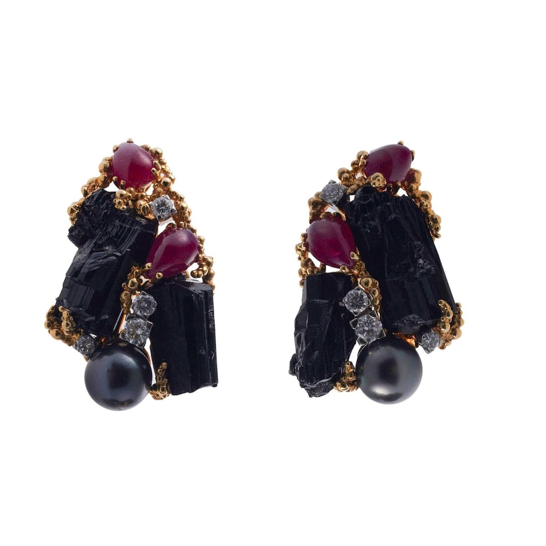 Gilbert Albert 1970s Tourmaline Diamond Pearl Ruby Gold Earrings (1 of 4)