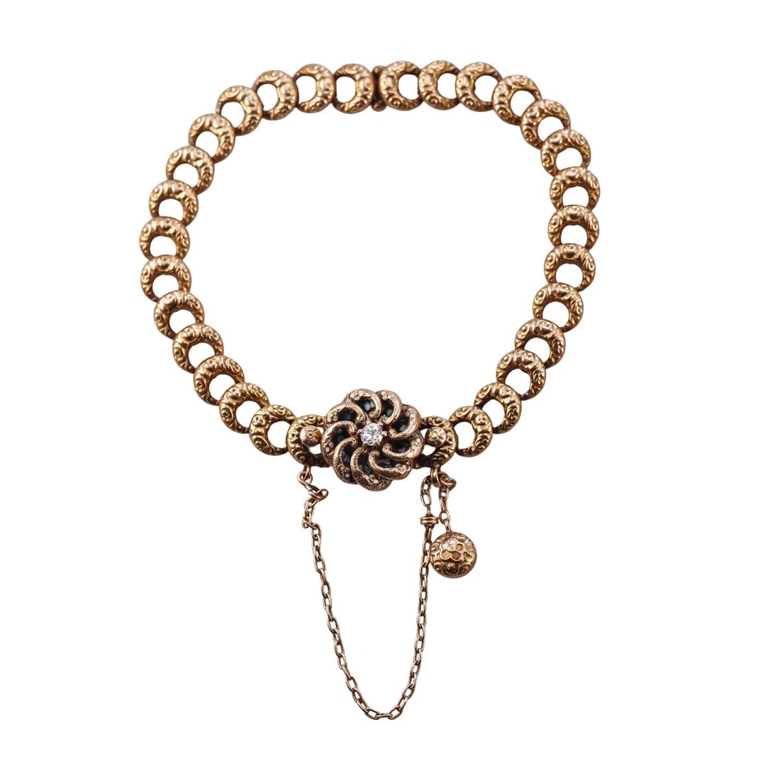 Antique Victorian 14k Gold Diamond Enamel Bracelet: Metal : 14k Yellow Gold Designer : Not Signed Gemstone : Diamond approx. 0.11ct. Measurements : 7" long, center is 15mm. Marked: : Tested 14k. Weight: : 13 grams