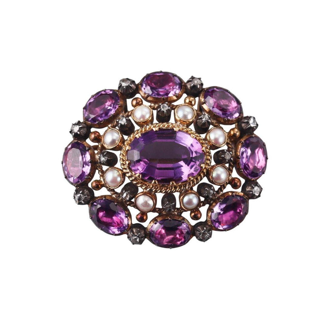 Antique 18k Gold Silver Amethyst Pearl Diamond Brooch Pendant (1 of 5)