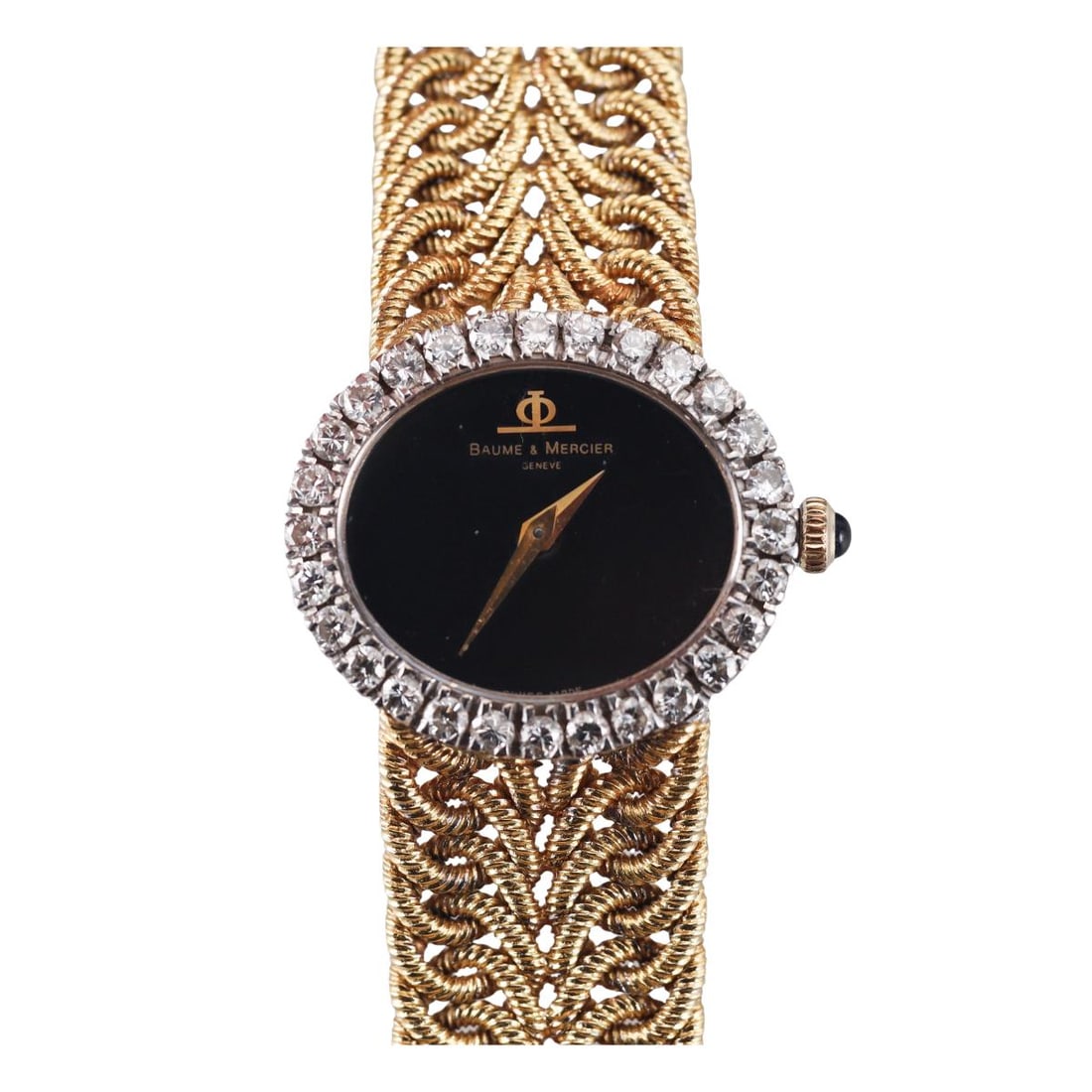 Baume & Mercier 18k Gold Diamond Black Dial Ladies Watch 775459: Metal : 18k Yellow Gold Designer : Baume & Mercier Movement : Manual wind - working order. Measurements : Case 25mm x 22mm, bracelet is 6 3/8" long. Reference/Model: : 775459 Fu