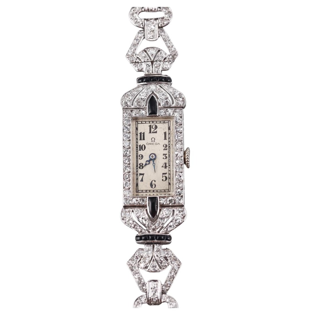 Omega Art Deco Platinum Gold Diamond Onyx Ladies Watch: Metal : Platinum case / 14k Gold band Designer : Omega Movement : Manual wind - working order. Measurements : Case 14 x 24mm, bracelet is 6 3/8" long. Reference/Model: : n/a Funct
