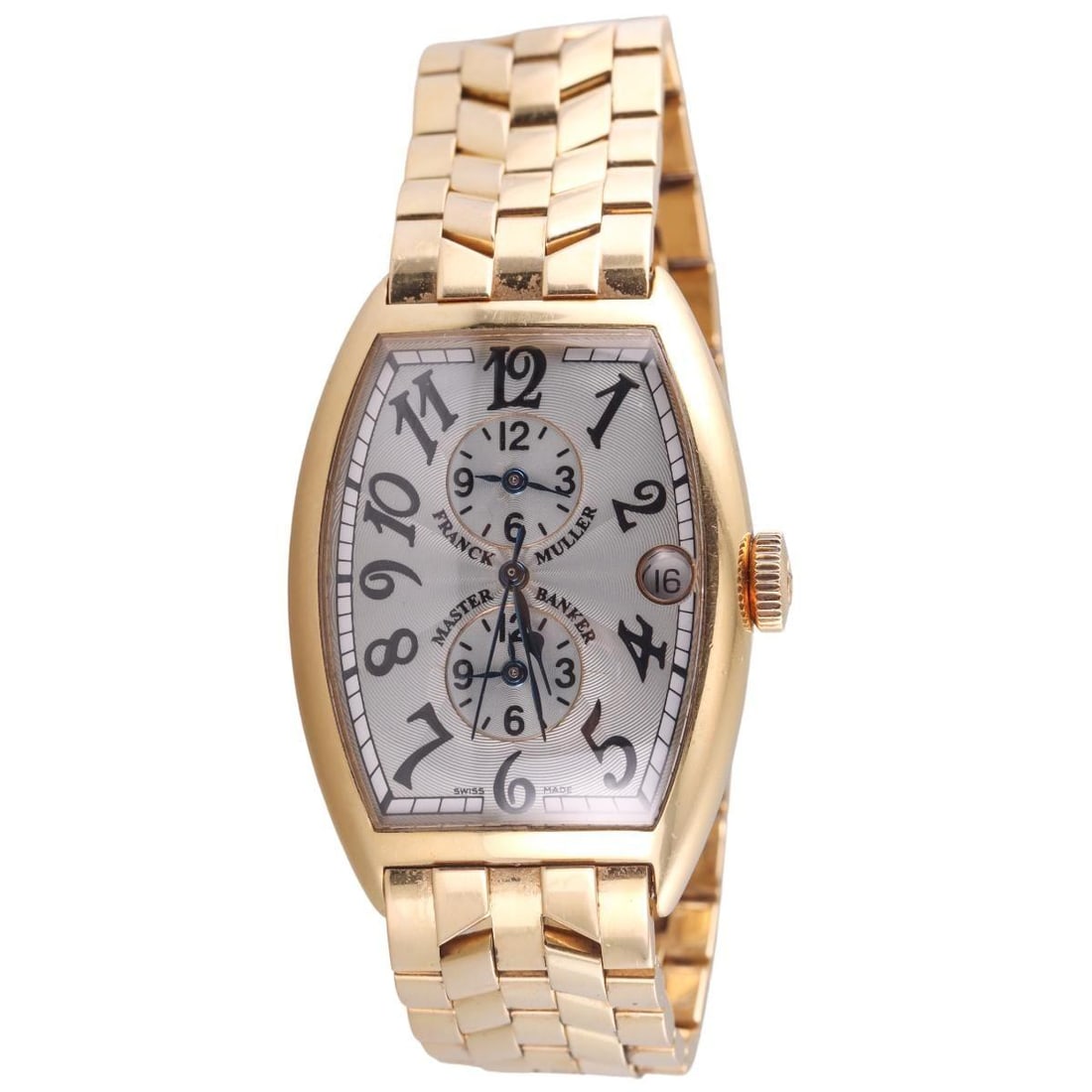 Franck Muller Master Banker 18k Gold Watch 5850 MB: Metal : 18k Yellow Gold Designer : Franck Muller Movement : Automatic - working order. Measurements : 31mm case x 45mm lug tip to lug tip, will comfortably fit up to a 7 1/2" wrist. Reference/
