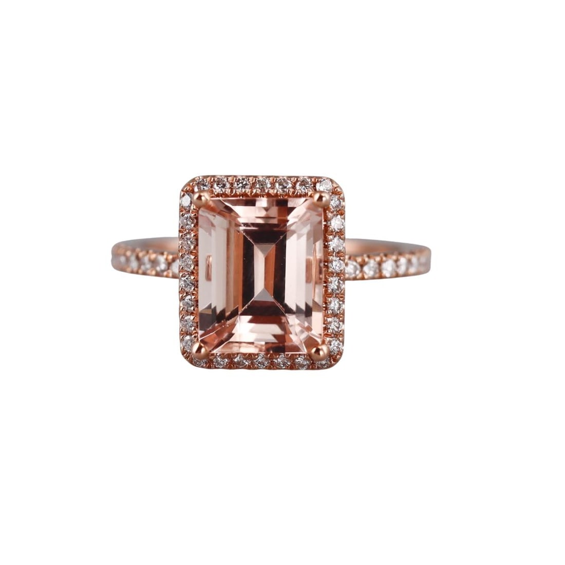 14k Rose Gold Morganite Diamond Ring: Metal : 14k Rose Gold Designer : Not Signed Gemstone : Morganite 10 x 8mm, Diamonds approx. 0.38ctw. Measurements : Ring size 6.75. Marked: : 585. Weight: : 4.6 grams
