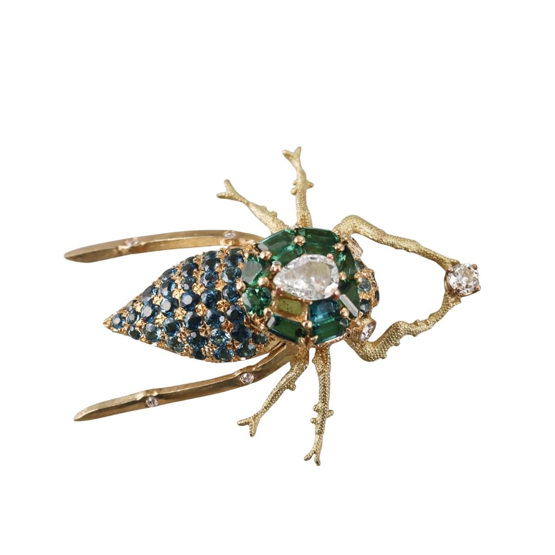 French 18k Gold Diamond Tourmaline Insect Bug Brooch: Metal : 18k Yellow Gold Designer : Not Signed Gemstone : Green tourmalines (one missing), Diamonds approx. 1ctw, Teal blue diamonds. Measurements : Brooch is 53mm x 40mm. Marked: : Fre