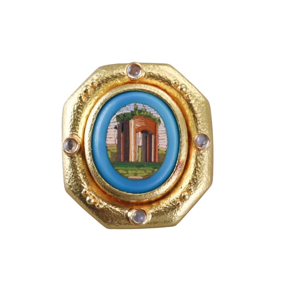 Elizabeth Locke 18k Gold Turquoise Micro Mosaic Moonstone Brooch Pendant: Metal : 18k Yellow Gold Designer : Elizabeth Locke Gemstone : Moonstone, Turquoise Measurements : Brooch is 35mm x 32mm. Marked: : L mark, 18k. Weight: : 20.7 grams