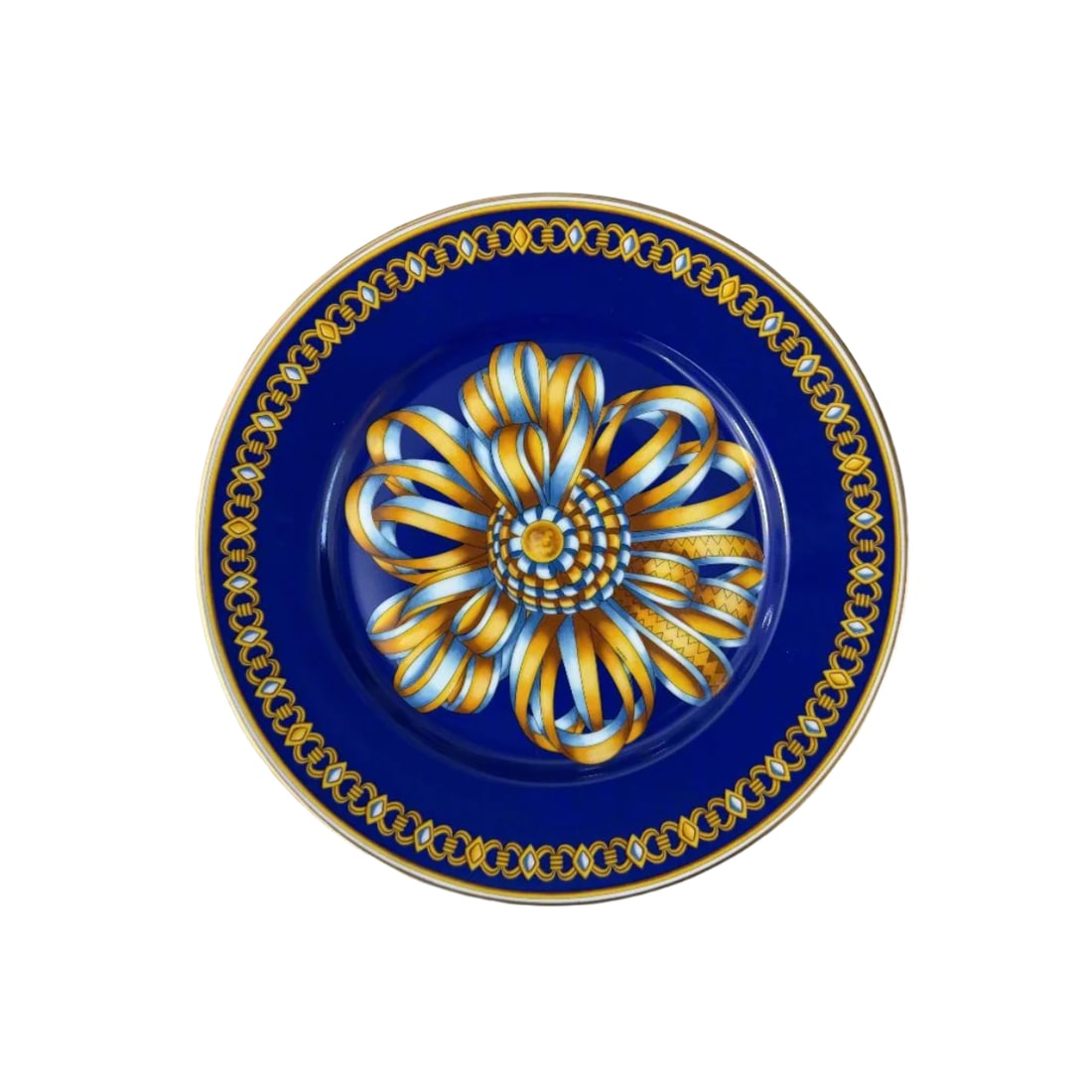 Hermes Paris Cocarde de Soie Dessert Luncheon Plate set of 12: Metal : Porcelain Designer : Hermes Measurements : D 8.5". Marked: : Hermes Porcelain Paris. Condition: : New, store sample. Additional: No box.