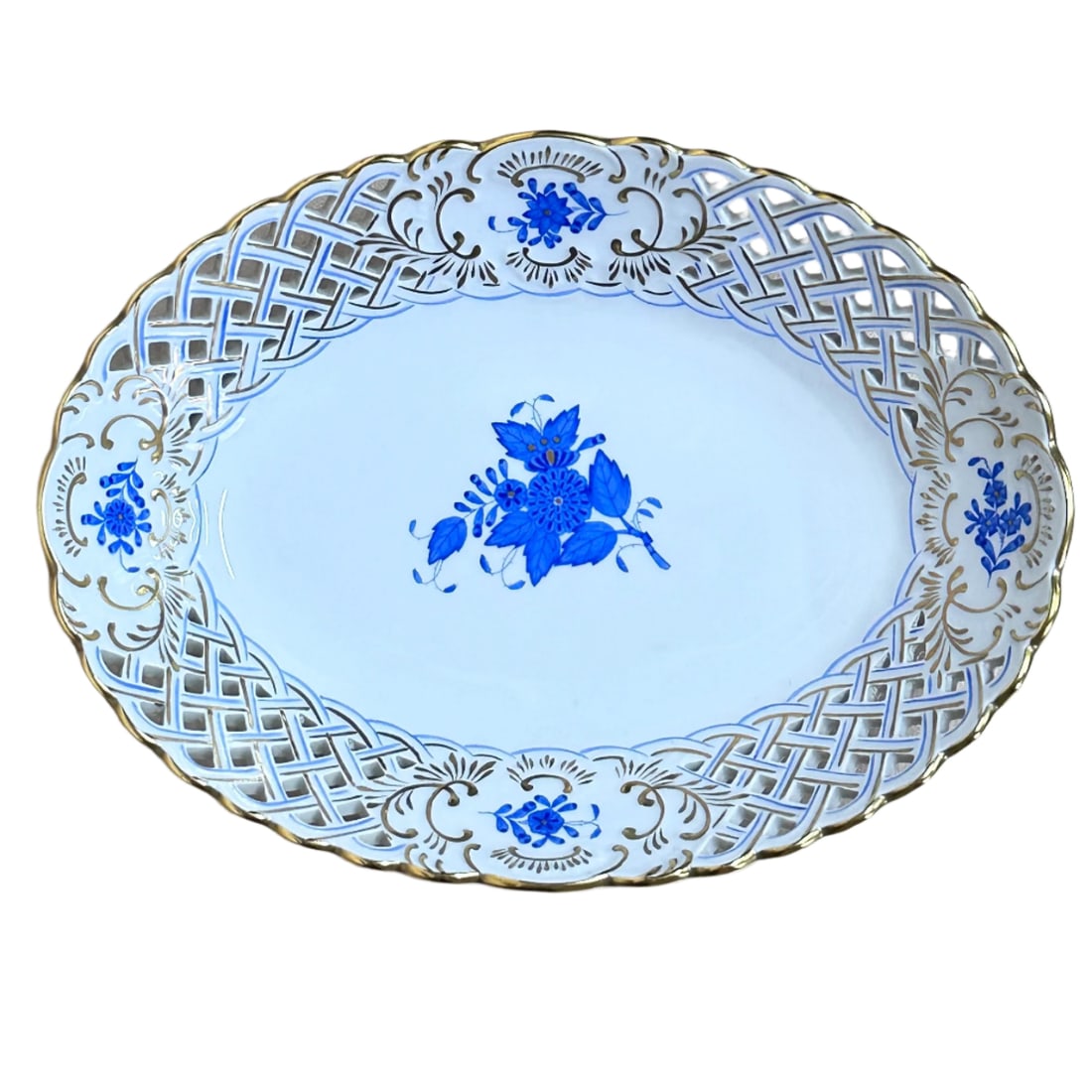Herend Porcelain Chinese Bouquet Blue Oval Openwork Basket Bowl 735/AB (1 of 4)