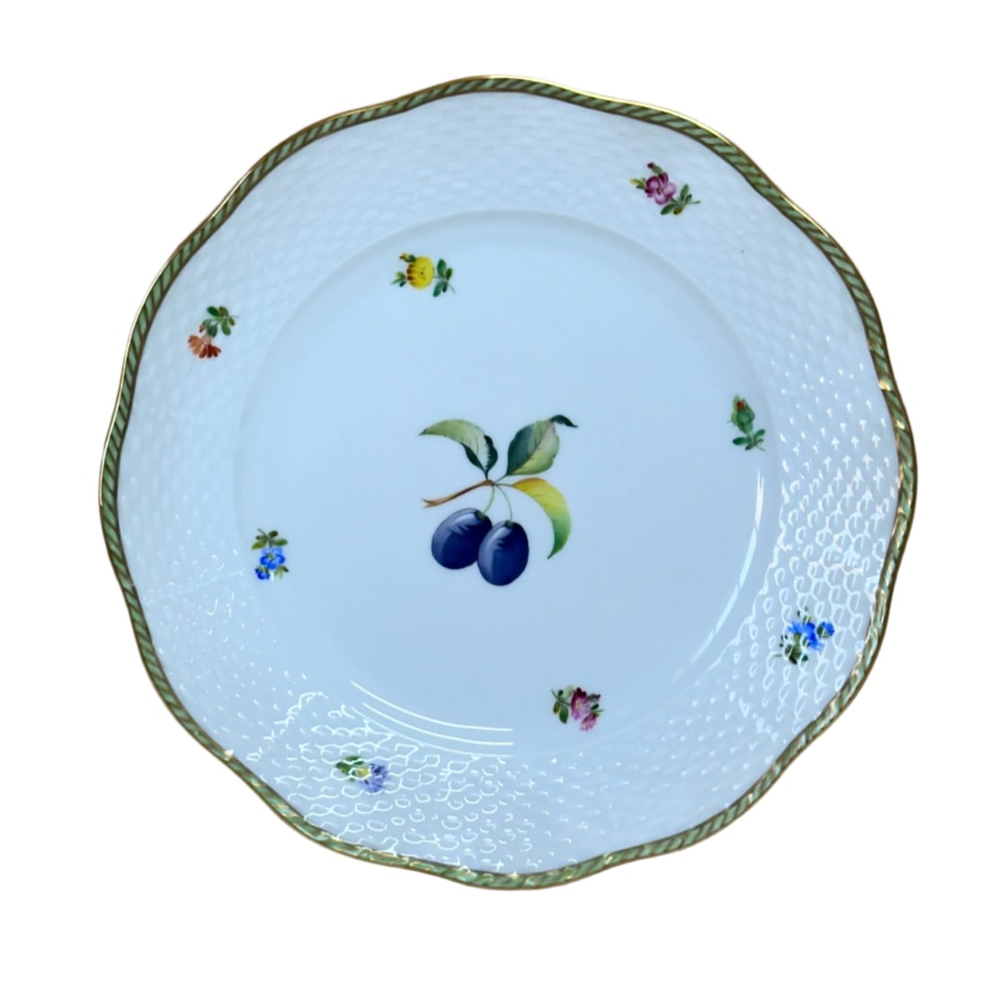 Herend Fruits Sketch Prune Cherry Porcelain Salad Plate Set of 4 519-0-00/EDF-2: Material : Porcelain Designer : Herend Measurements : D 8.25". Marked: : Herend Hungary, Hand painted 519-0-00/EDF-5. Condition: : New, store sample. Additional: No box. 2 che