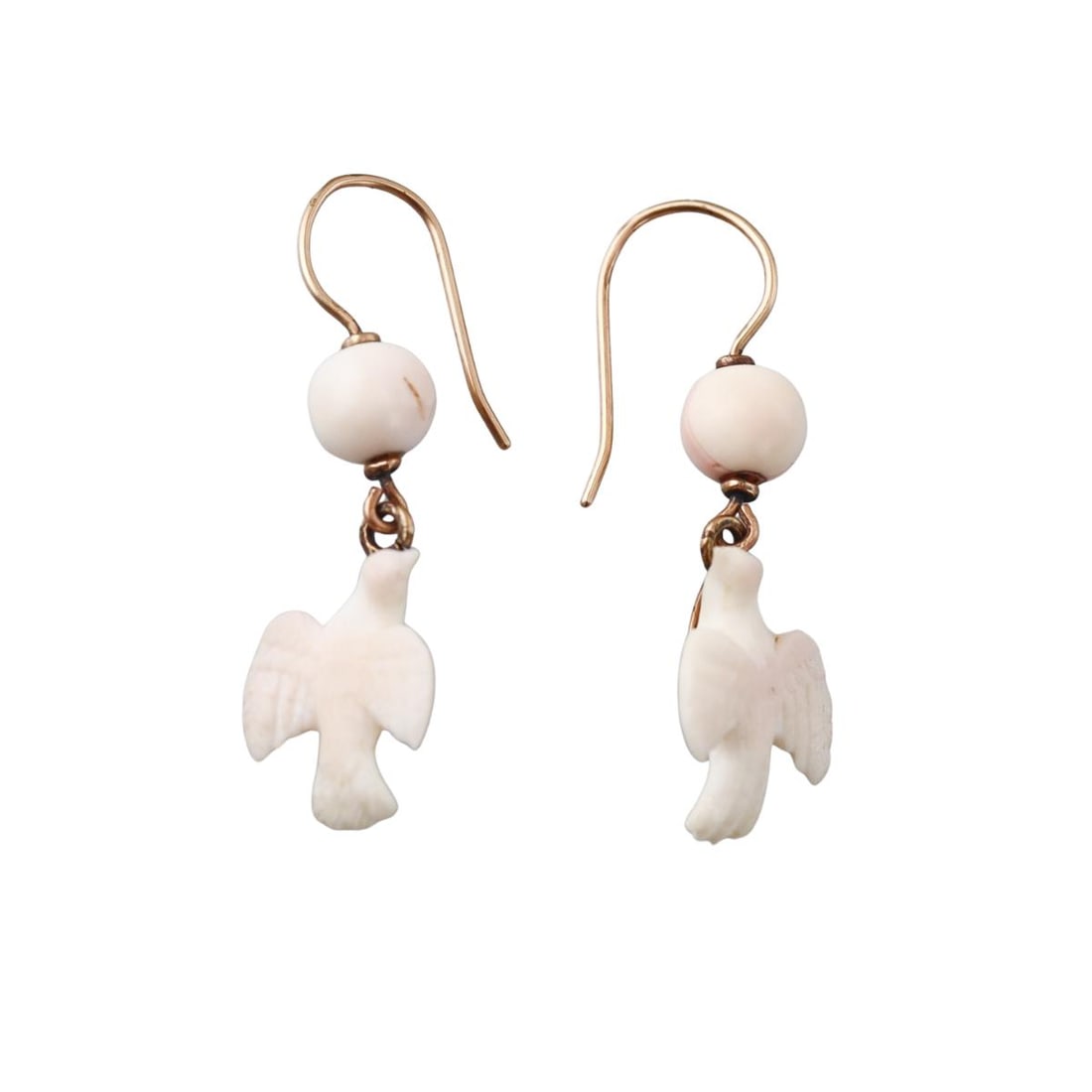 Antique Victorian Gold Carved Coral Dove Drop Earrings: Metal : Low Karat Gold Designer : Not Signed Gemstone : Coral Measurements : Earrings are 35mm long Marked: : Tested low karat gold. Weight: : 2.7 grams Conditi