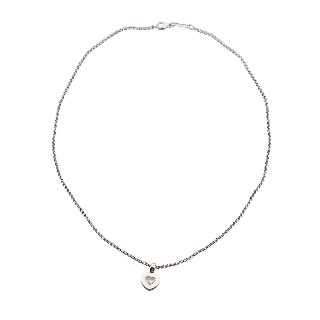 Chopard Happy Hearts 18k Gold Diamond Pendant Necklace 79/2897-20: Metal : 18k White Gold Designer : Chopard Gemstone : Floating diamond approx. 0.03ct. Measurements : Necklace is 16.5" long, pendant is 16mm x 11mm Marked: : Chopard, 750, 79/2897-20,