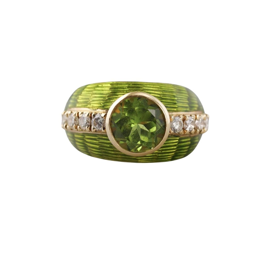18K Gold Diamond Peridot Enamel Ring: Metal : 18K Yellow Gold Designer : Not Signed Gemstone : Peridot 9mm, Diamonds Measurements : Ring size 5.25. Band is 13mm Marked: : Tested 18K Weight: : 10 grams
