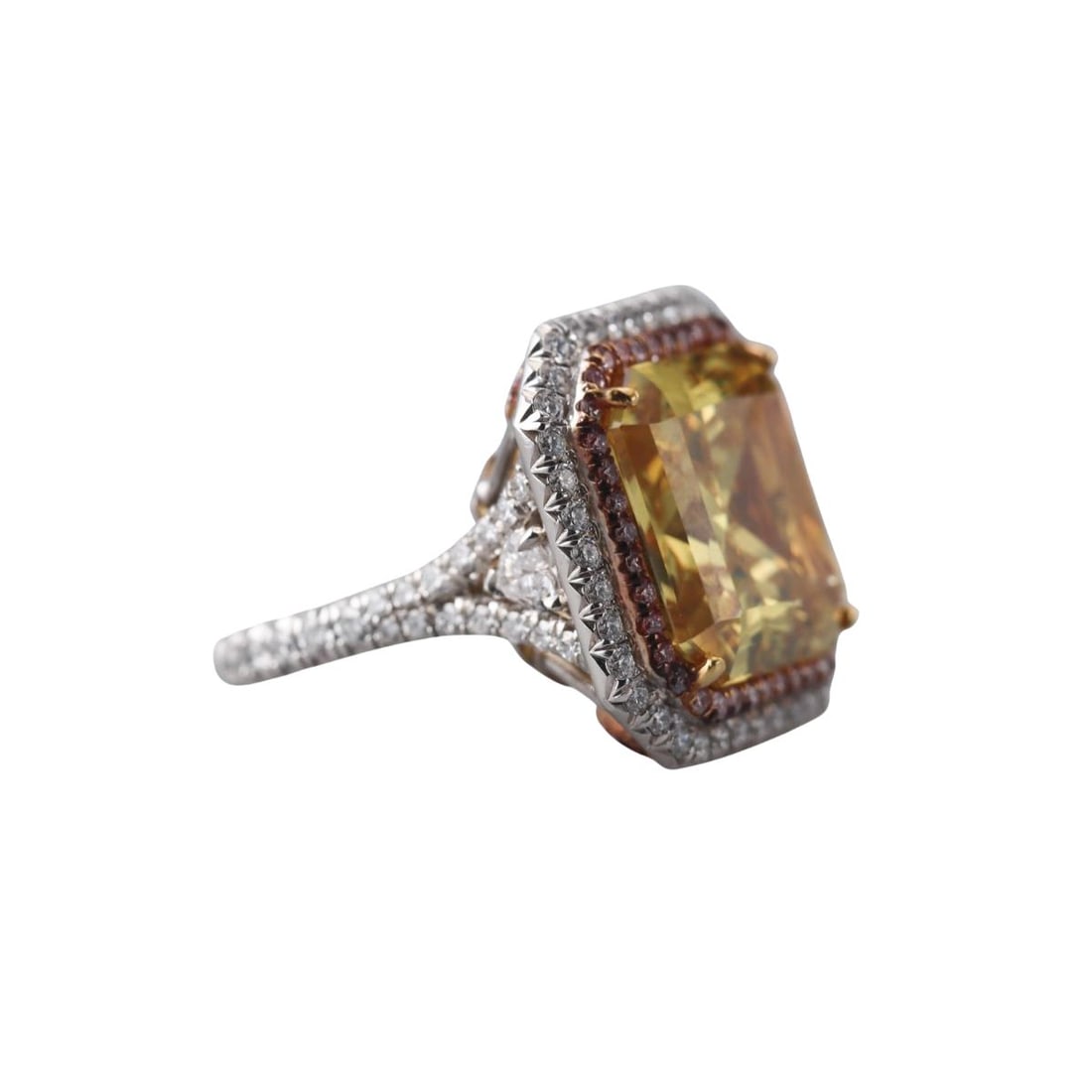 18k Gold Platinum Pink Diamond Gemstone Cocktail Ring: Metal : Platinum, 18K Rose Gold Designer : Not Signed Gemstone : Diamonds-approx. 3.09ctw, pink diamonds-approx.1.65ctw, lab.created yellow stone 16mm x 15.5mm Measurements : Ring size 6.5. Ring top i