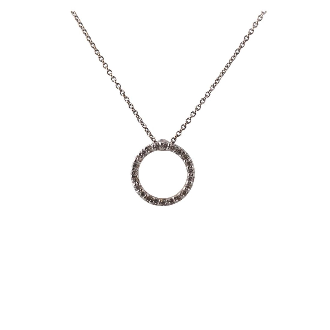 Roberto Coin Tiny Treasures 18k Gold Diamond Circle Pendant Necklace: Metal : 18k White Gold Designer : Roberto Coin Gemstone : Diamonds 0.11ctw Measurements : Necklace is 16" long, pendant is 11mm Marked: : Signature ruby, 1226 Vi, 18kt Weight: