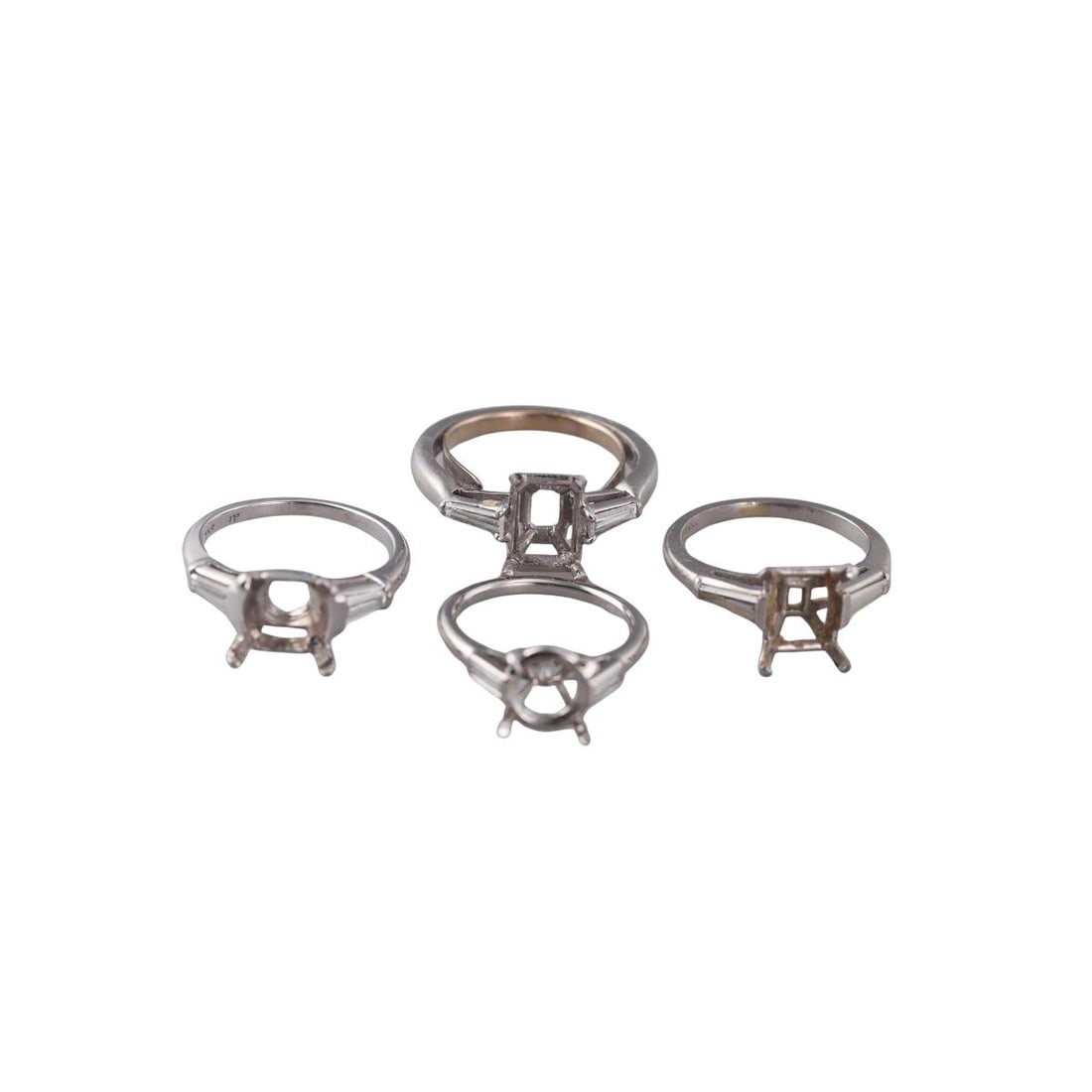 Mid Century Platinum Diamond Engagement Ring Setting Lot of 4: Metal : Platinum Designer : Fred Leighton (one ring only) Gemstone : Baguette cut diamonds Measurements : Rings are in sizes 4, 6, 5.25, 6 (inner sizer) Marked: : Plat, Pt950, 10% Irid Weight: : 19.8